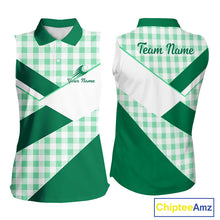 Load image into Gallery viewer, Custom Womens Sleeveless Green Gingham Plaid Golf Polo Shirts– Personalized Ladies Golf Apparel NHT716