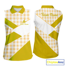 Load image into Gallery viewer, Custom Womens Sleeveless Yellow Gingham Plaid Golf Polo Shirts– Personalized Ladies Golf Apparel NHT717