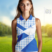 Load image into Gallery viewer, Custom Womens Sleeveless Blue Gingham Plaid Golf Polo Shirts– Personalized Ladies Golf Apparel NHT718
