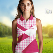 Load image into Gallery viewer, Custom Womens Sleeveless Pink Gingham Plaid Golf Polo Shirts– Personalized Ladies Golf Apparel NHT719