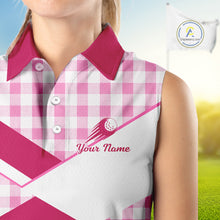 Load image into Gallery viewer, Custom Womens Sleeveless Pink Gingham Plaid Golf Polo Shirts– Personalized Ladies Golf Apparel NHT719