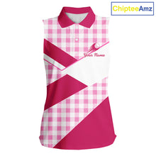 Load image into Gallery viewer, Custom Womens Sleeveless Pink Gingham Plaid Golf Polo Shirts– Personalized Ladies Golf Apparel NHT719