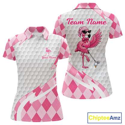 Pink Argyle Plaid Pattern Funny Flamingo Golf Wine Womens Golf Polos Shirt Custom Funny Golf Shirt For Ladies NHT738