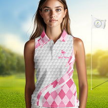 Load image into Gallery viewer, Pink Argyle Plaid Pattern Funny Flamingo Golf Wine Sleeveless Womens  Golf Polos Shirt Custom Funny Golf Shirt For Ladies NHT738