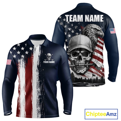 Personalized Skull Eagle Mens Golf Polo Shirt American Flag Patriotic Golf Shirt Custom Name 
