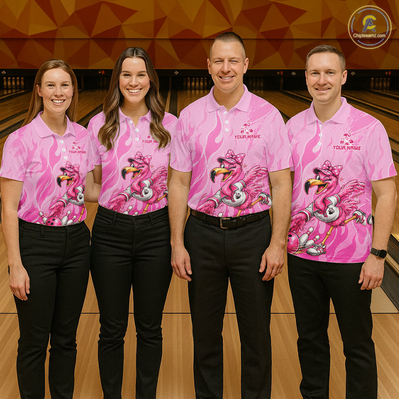 Women's Custom Flamingo Bowling Shirt Pink Personalized Team Bowling Polo Funny Bowling Jersey Gift NHT1230