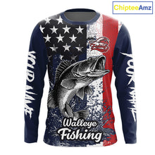 Load image into Gallery viewer, Walleye Custom US Flag Long Sleeve Fishing Shirt, Men's Fishing Shirt NHT412