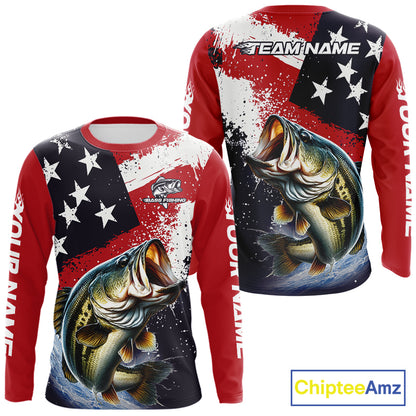 Personalized Bass Fishing Jerseys, Custom American Flag Bass Fishing Shirts Long Sleeve NHT414
