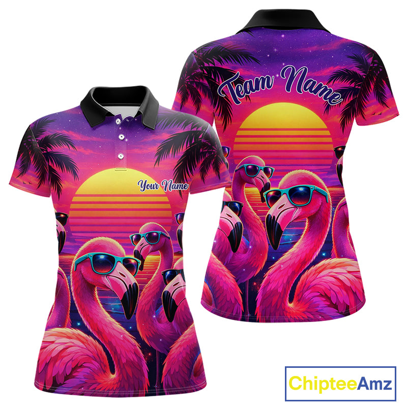 Custom Neon Flamingo Paradise Womens Golf Shirt Polo, Cool Flamingo Golf Team Outfits NHT548