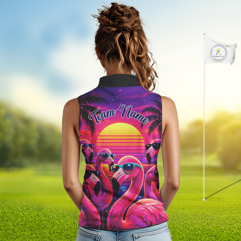 Custom Neon Flamingo Paradise Womens Sleeveless Golf Shirt Polo, Cool Flamingo Golf Team Outfits NHT548