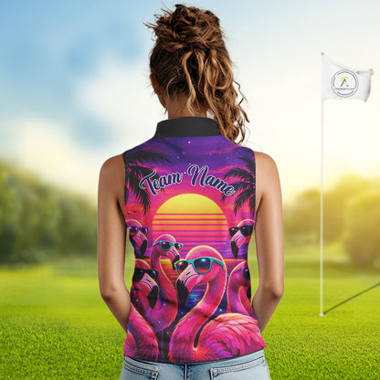 Custom Neon Flamingo Paradise Womens Sleeveless Golf Shirt Polo, Cool Flamingo Golf Team Outfits NHT548