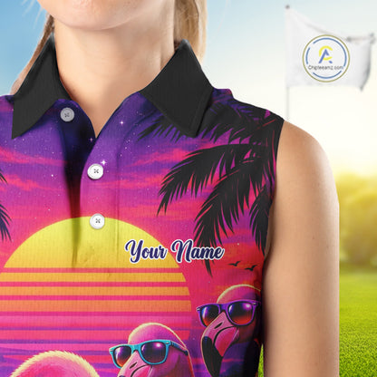 Custom Neon Flamingo Paradise Womens Sleeveless Golf Shirt Polo, Cool Flamingo Golf Team Outfits NHT548