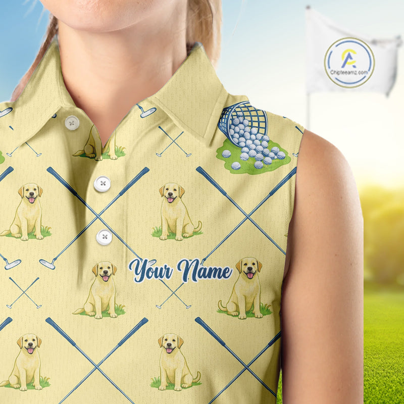 Funny Yellow Labrador Womens Sleeveless Golf Polo Shirt For Team, Womens Polo Shirt For Golf Lovers NHT564