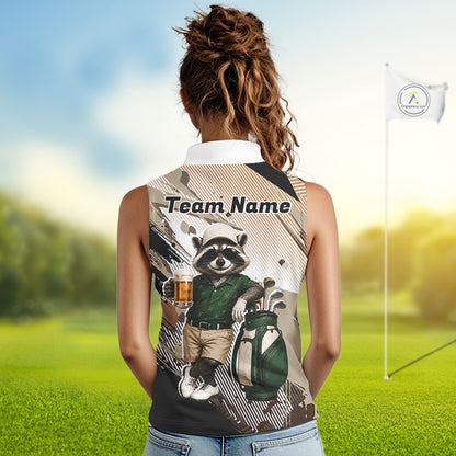 Custom Beige Funny Raccoon Golf Team Shirt For Womens, Womens Sleeveless Golf Jersey Polo Shirt Outfit NHT937