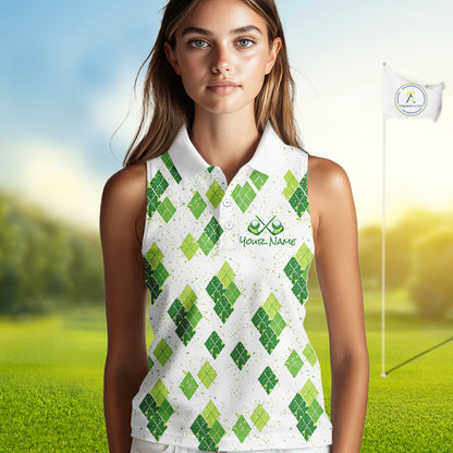 Green Argyle Womens Sleeveless Golf Polo Shirt, Pattern Golf Shirts Custom Team Golf Polo NHT574