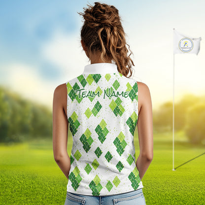 Green Argyle Womens Sleeveless Golf Polo Shirt, Pattern Golf Shirts Custom Team Golf Polo NHT574