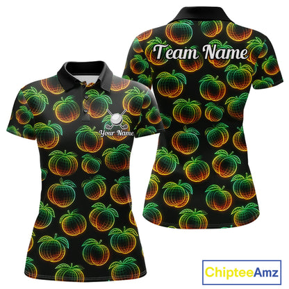 Funny Neon Colorful Peach In Dark Golf Women's Polo Shirt,  Funny Fruit Pattern Polo Top NHT578