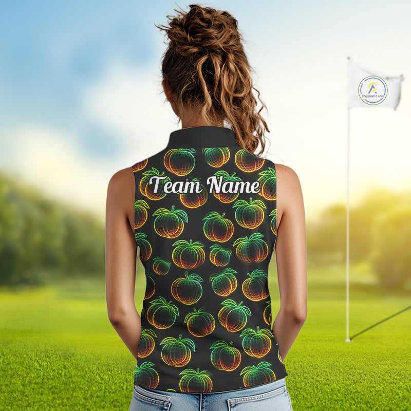 Funny Neon Colorful Peach In Dark Womens Sleeveless Golf Polo Shirt,  Funny Fruit Pattern Polo Top NHT578