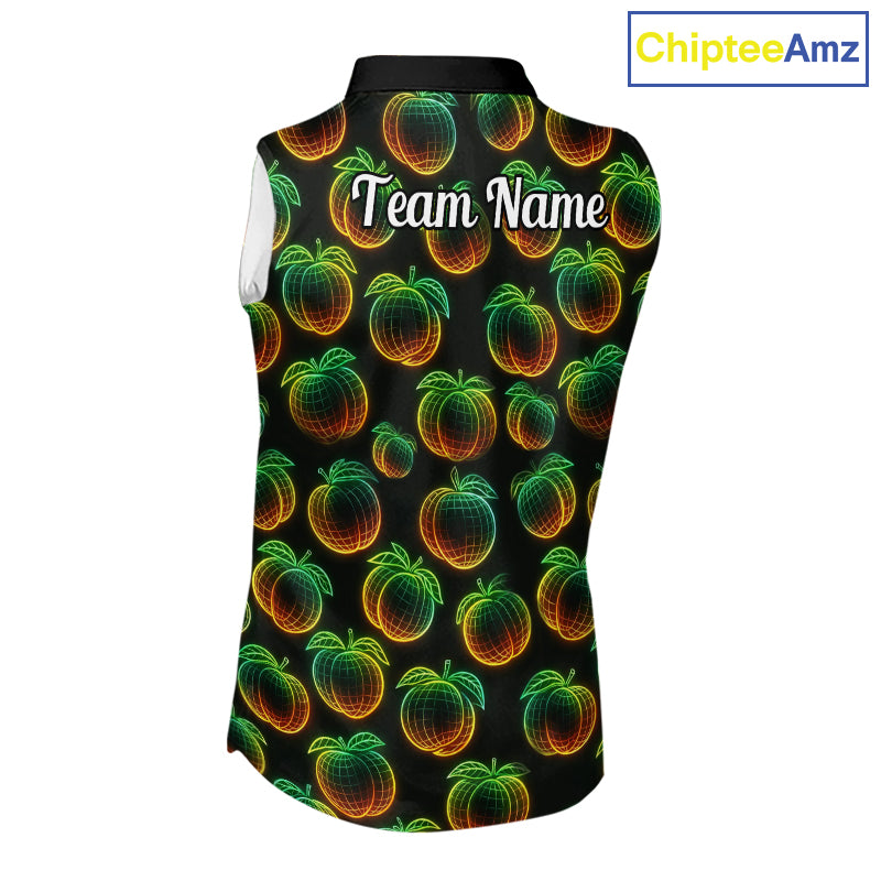 Funny Neon Colorful Peach In Dark Womens Sleeveless Golf Polo Shirt,  Funny Fruit Pattern Polo Top NHT578
