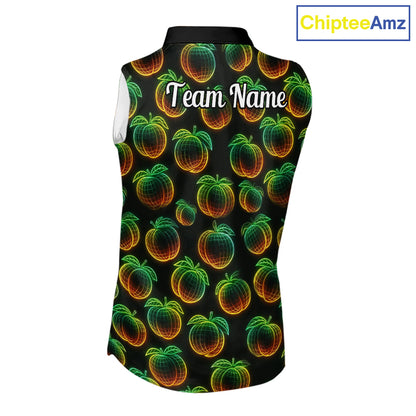 Funny Neon Colorful Peach In Dark Womens Sleeveless Golf Polo Shirt,  Funny Fruit Pattern Polo Top NHT578