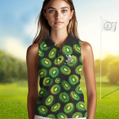 Funny Colorful Kiwi In Dark Womens Sleeveless Golf Polo Shirt,  Funny Fruit Pattern Polo Top NHT579