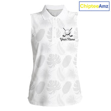 Load image into Gallery viewer, Sleeveless Womens Golf Polo Shirts Custom Gray Tropical Leaves Golf Shirts, Best Womens Golf Wears NHT783