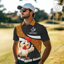 Load image into Gallery viewer, Funny chicken men golf polo shirt with rooster golfer design and custom name