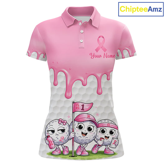 Funny Pink Ribbons Breast Cancer Awareness Womens Golf Ball Polo Shirts Custom Golf Apparel For Womens NHT795