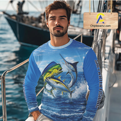 Personalized Mahi Mahi, Marlin, Tuna Blue Performance Fishing Shirt, Saltwater Tournament Shirts NHT600