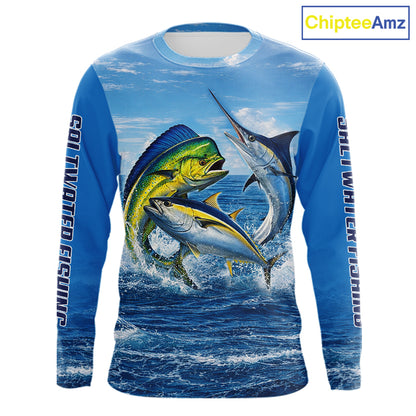 Personalized Mahi Mahi, Marlin, Tuna Blue Performance Fishing Shirt, Saltwater Tournament Shirts NHT600