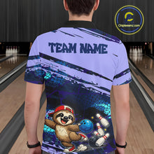 Load image into Gallery viewer, Man wearing a custom bowling-themed polo shirt with a sloth design in a bowling alley.