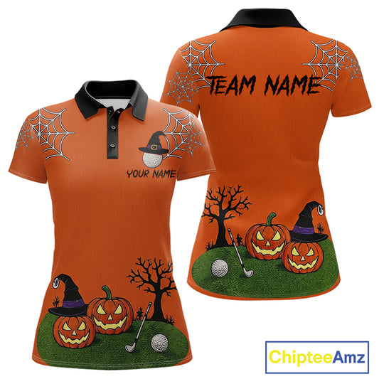 Front and back views of an orange short-sleeve polo shirt with a black collar, featuring a Halloween-themed golf design with pumpkins, witch hats, spiderwebs, a tree, and the text 'TEAM NAME' and 'YOUR NAME'.