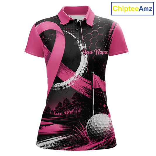 A women's short-sleeve polo shirt with a pink and black golf-themed graphic print, featuring a pink ribbon motif, a golf ball, trees, and a flag, with 'Your Name' text on the chest. The shirt is shown on a white background with a 'ChipteeAmz' logo in the top right corner.