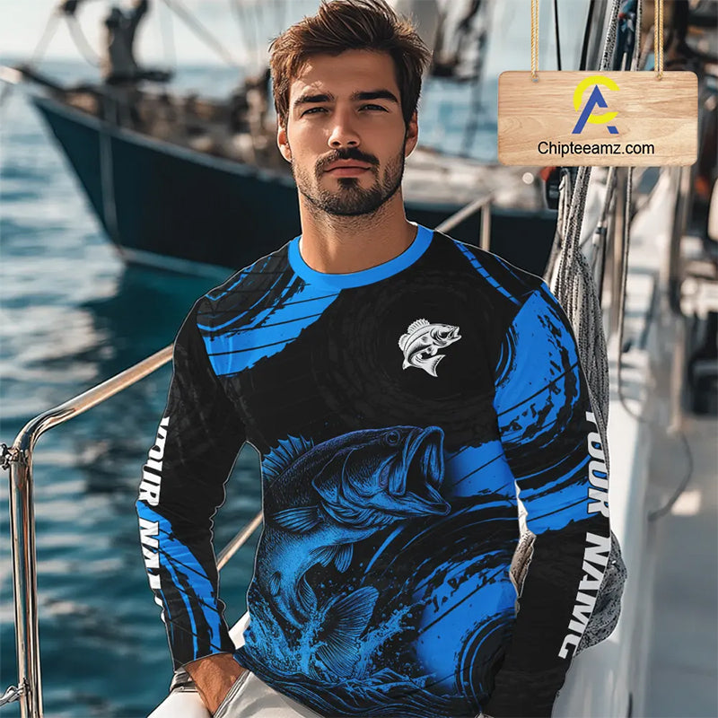 Personalized Bass Fishing Jerseys, Bass Fishing Scale Long Sleeve Shirt| Blue NHT387