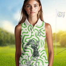 Load image into Gallery viewer, Personalized Funny Skeleton Sleeveless Golf Polo Shirt Green Abstract Pattern Custom Golf Shirt For Team Name &amp; Name NHT618