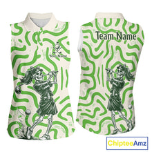 Load image into Gallery viewer, Personalized Funny Skeleton Sleeveless Golf Polo Shirt Green Abstract Pattern Custom Golf Shirt For Team Name &amp; Name NHT618