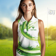 Load image into Gallery viewer, Custom Green Wave Sleeveless Golf Polo Shirt With Ball Design Personalized Team Name &amp; Name Golf Shirt NHT623