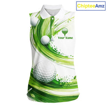 Load image into Gallery viewer, Custom Green Wave Sleeveless Golf Polo Shirt With Ball Design Personalized Team Name &amp; Name Golf Shirt NHT623
