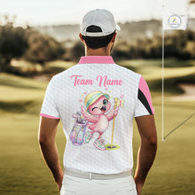Load image into Gallery viewer, Pink Mens Golf Polo Shirt Pink Flamingos Pattern Custom Name, Funny Flamingo Golf Polo Shirts NHT626