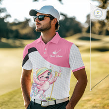 Load image into Gallery viewer, Pink Mens Golf Polo Shirt Pink Flamingos Pattern Custom Name, Funny Flamingo Golf Polo Shirts NHT626