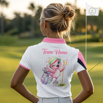 Pink Womens Golf Polo Shirt Pink Flamingos Pattern Custom Name Team Flamingo Golf Polo Shirts NHT626