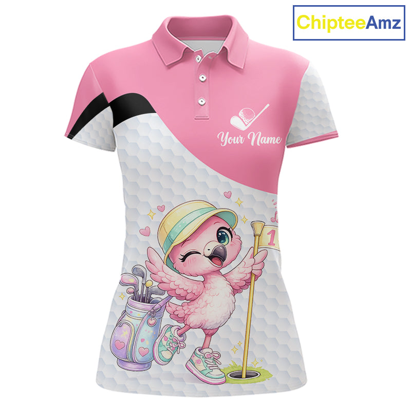 Pink Womens Golf Polo Shirt Pink Flamingos Pattern Custom Name Team Flamingo Golf Polo Shirts NHT626