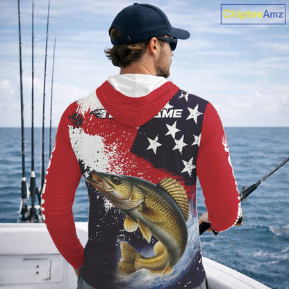 Personalized Walleye Fishing Jerseys, Custom American Flag Walleye Hooded Fishing Shirts Long Sleeve NHT488