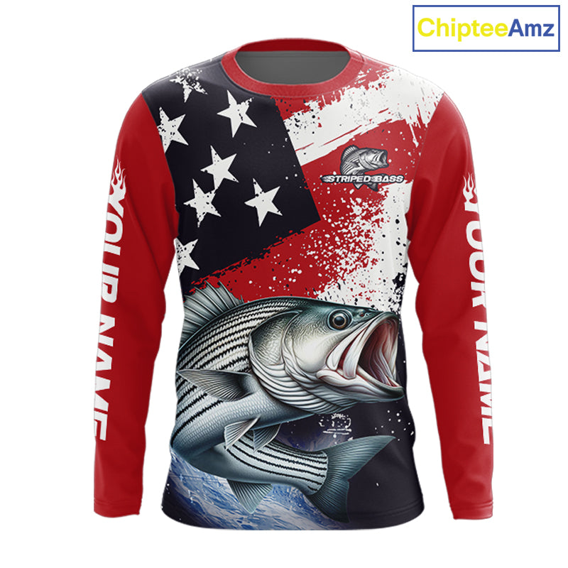 Personalized Striped Bass Fishing Jerseys, Custom American Flag Bass Fishing Shirts Long Sleeve NHT489