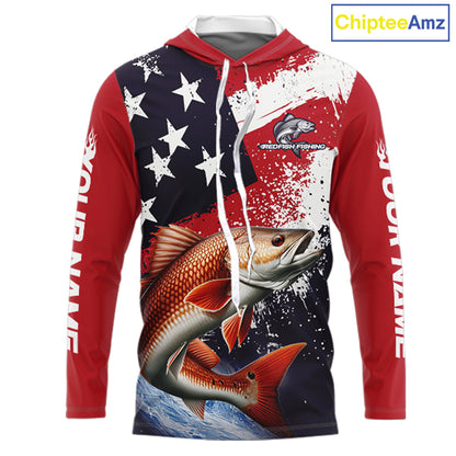 Personalized Redfish Fishing Jerseys, Custom American Flag Redfish Hooded Fishing Shirts Long Sleeve NHT490