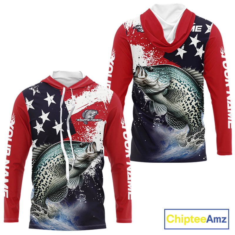 Personalized Crappie Fishing Jerseys, Custom American Flag Crappie Hooded Fishing Shirts Long Sleeve NHT491