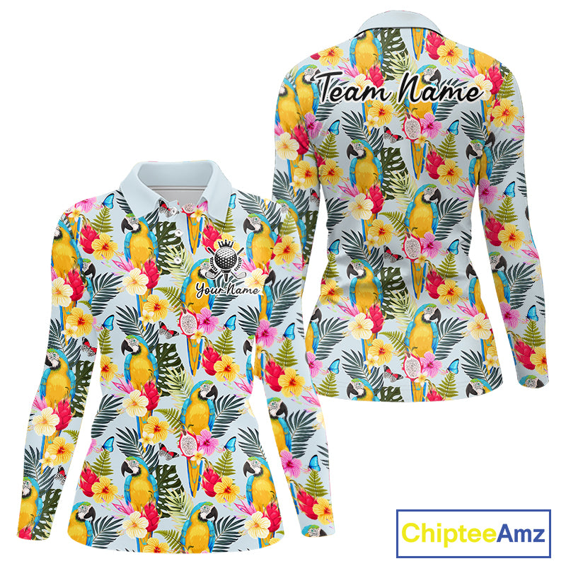 Funny Tropical Parrot Womens Golf Polo Shirt – Custom Name Shirt For Womens, Summer Beach Vacation Outfit NHT858