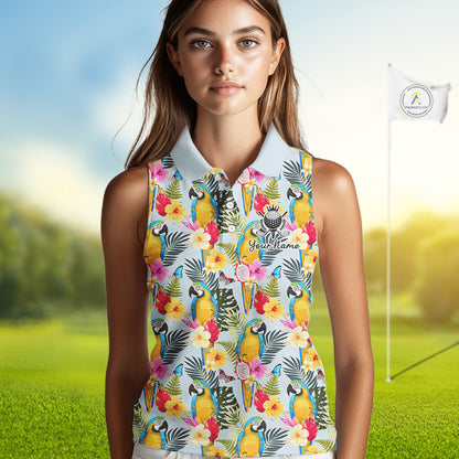 Funny Tropical Parrot Sleeveless Women Golf Polo Shirt – Custom Name Shirt For Womens, Summer Beach Vacation Outfit NHT858