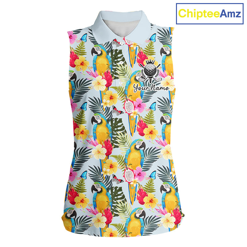 Funny Tropical Parrot Sleeveless Women Golf Polo Shirt – Custom Name Shirt For Womens, Summer Beach Vacation Outfit NHT858