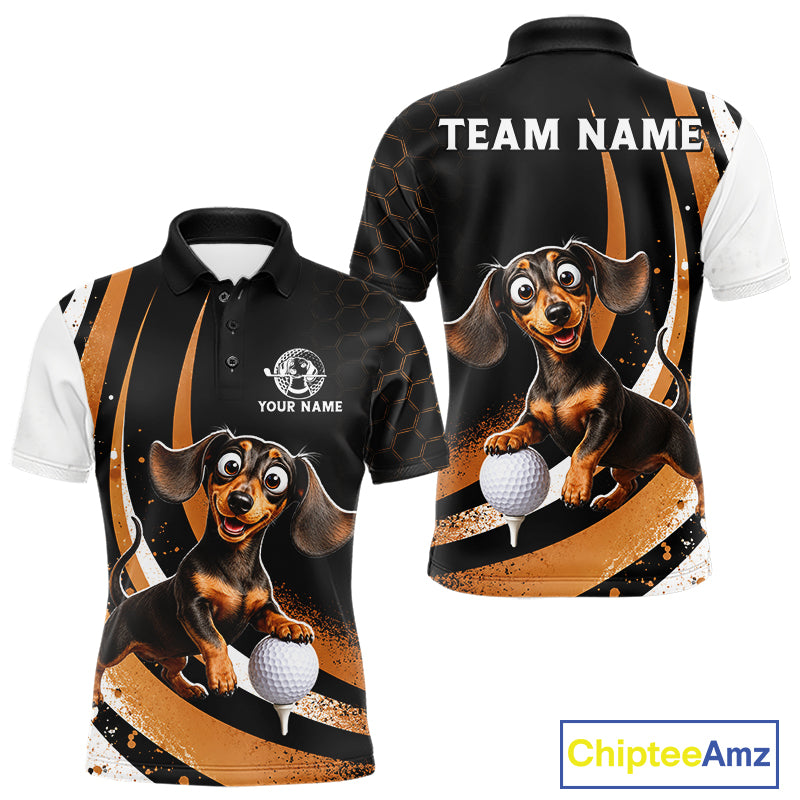 Front and back views of a custom short-sleeve polo shirt featuring a cartoon dachshund golf ball player design on a black, white, and orange background. The front shows a polo collar, button placket, and placeholder text 'YOUR NAME' and 'TEAM NAME' on the back.